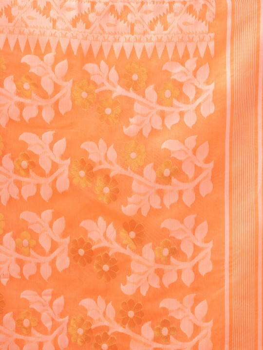 DESH BIDESH Orange White Pure Cotton Jamdani Saree with Woven Floral Design
