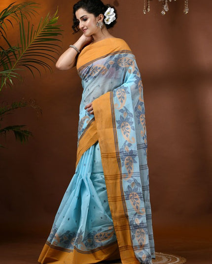 DESH BIDESH Blue Paisley Pure Cotton Taant Saree with Solid Border and Orange Pallu for Women