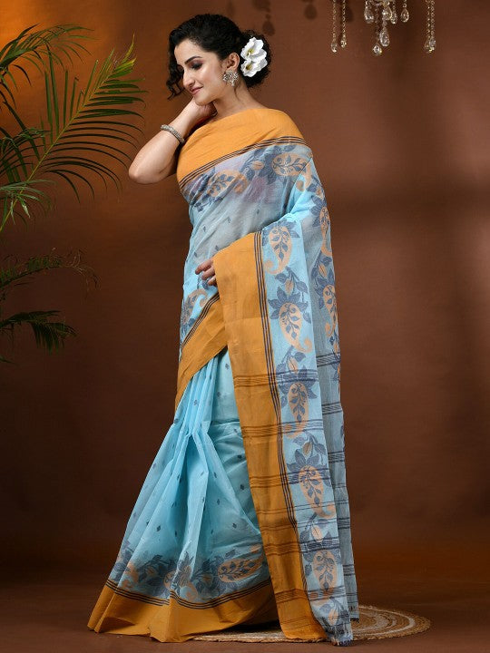 DESH BIDESH Blue Paisley Pure Cotton Taant Saree with Solid Border and Orange Pallu for Women