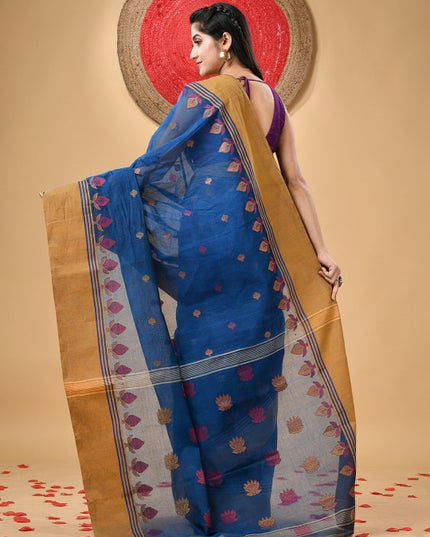 Exquisite Pure Handloom Cotton Taant Saree with Elegant Ethnic Motifs
