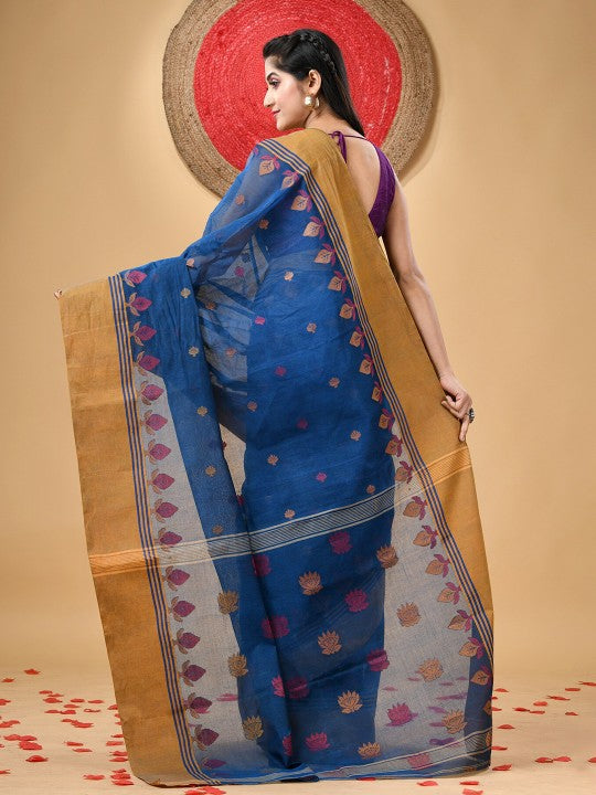 Exquisite Pure Handloom Cotton Taant Saree with Elegant Ethnic Motifs