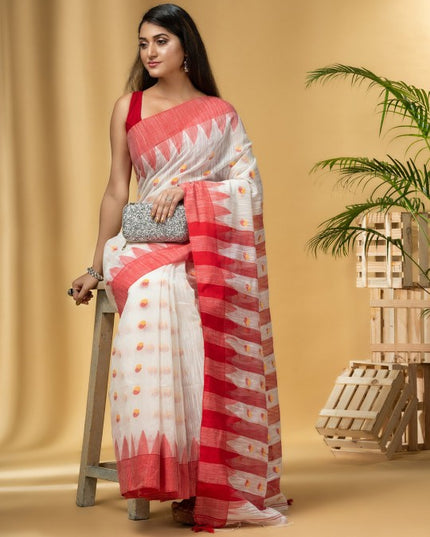 Exquisite Red & White Handloom Khadi Saree with Geometric Woven Design Border