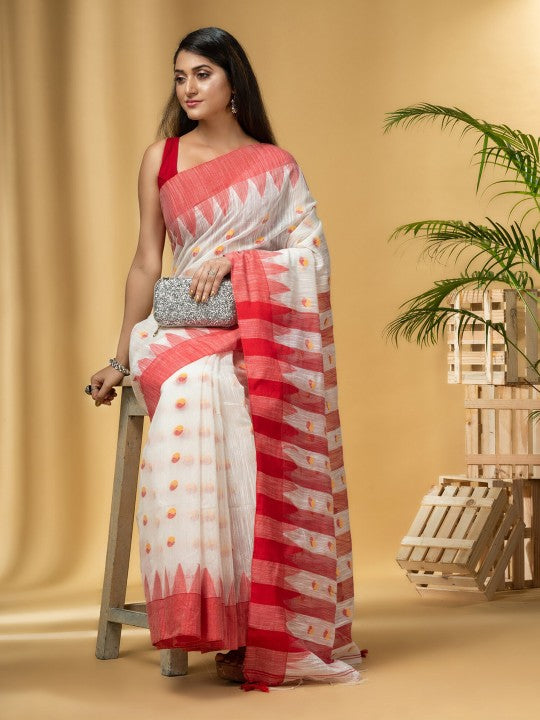 Exquisite Red & White Handloom Khadi Saree with Geometric Woven Design Border