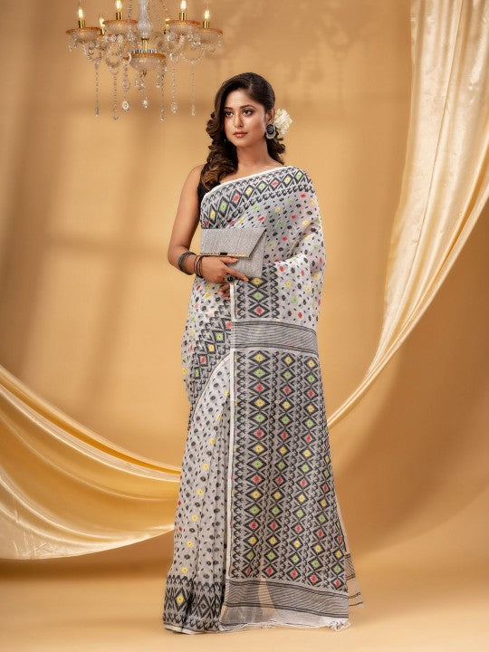 DESH BIDESH Pure Cotton Jamdani Saree with Geometric Woven Design