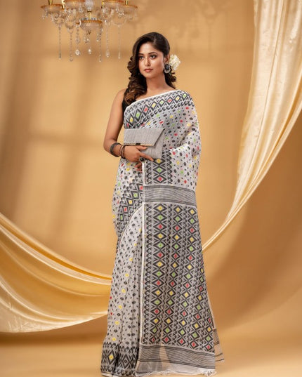 Premium Geometric Woven Jamdani Saree - Pure Cotton Ready-to-Wear Ethnic Design
