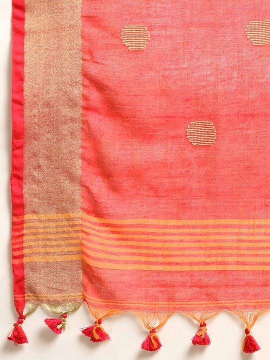 DESH BIDESH Orange & Beige Geometric Design Pure Cotton Taant Saree