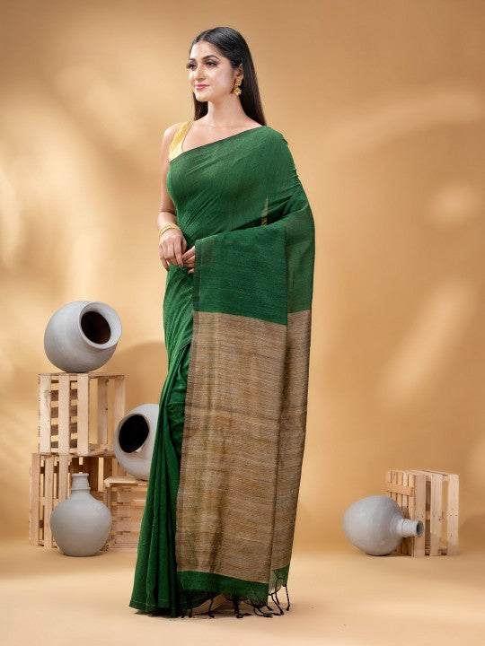 DESH BIDESH Green & Gold-Toned Pure Cotton Handloom Khadi Saree