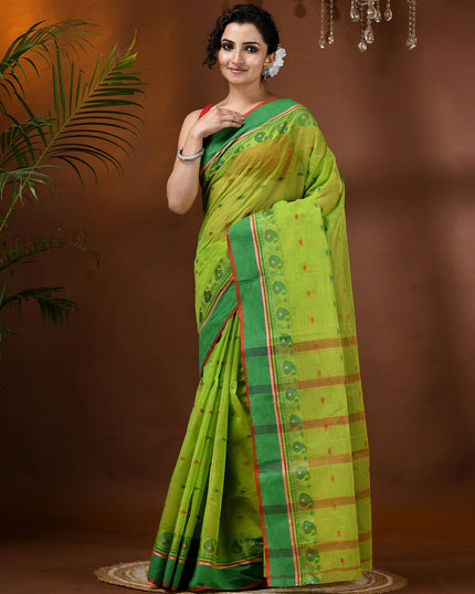 DESH BIDESH Elegant Green Pure Cotton Taant Saree with Woven Design