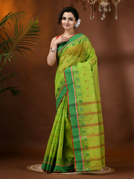 DESH BIDESH Elegant Green Pure Cotton Taant Saree with Woven Design