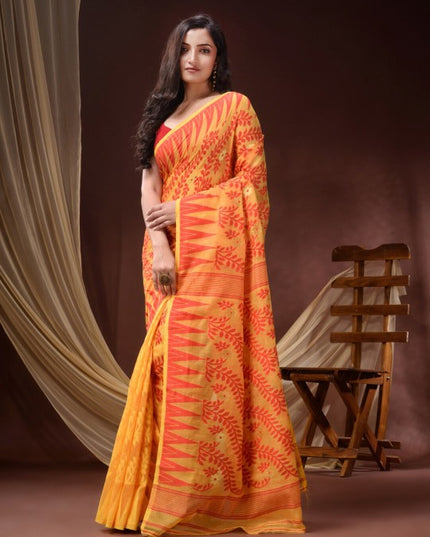 DESH BIDESH Women's Pure Cotton Jamdani Saree: Floral Woven Design, Orange & Mustard