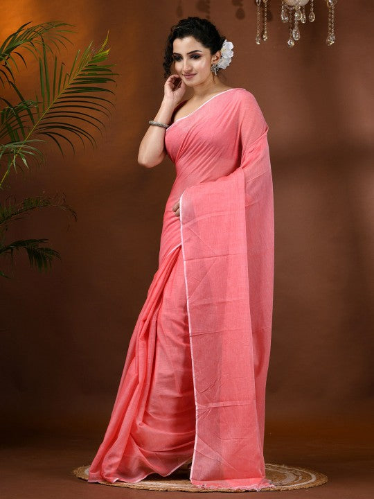 DESH BIDESH Solid Soft Mulmul Cotton Saree with Elegant Solid Border