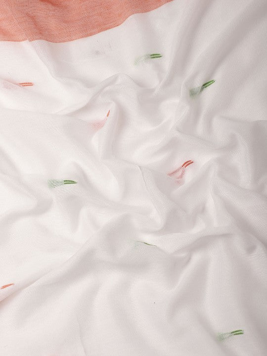 DESH BIDESH White & Orange Pure Cotton Taant Saree