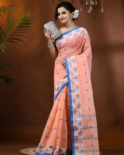 Exquisite Peach & Blue Pure Handloom Cotton Tant Saree with Woven Leaf Design
