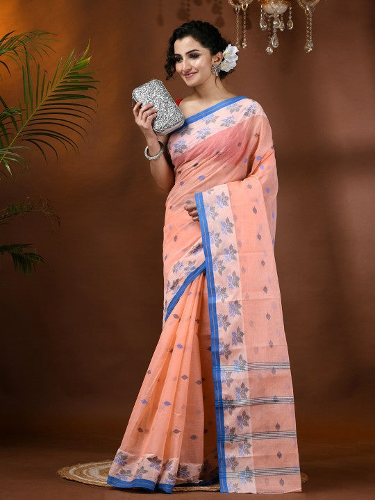 Exquisite Peach & Blue Pure Handloom Cotton Tant Saree with Woven Leaf Design