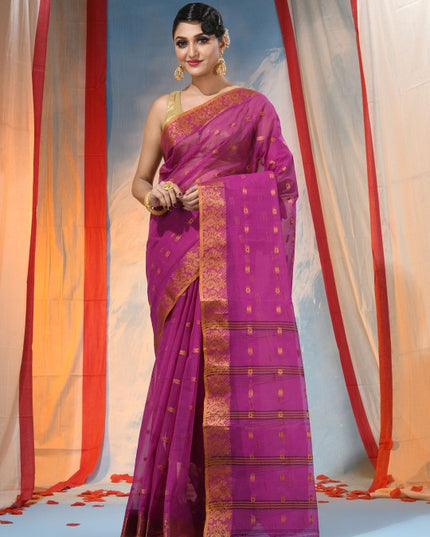 Exquisite Pink Gold Woven Design Pure Cotton Handloom Saree for Women