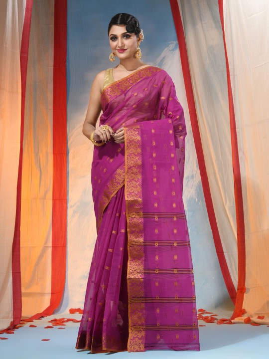 Exquisite Pink Gold Woven Design Pure Cotton Handloom Saree for Women