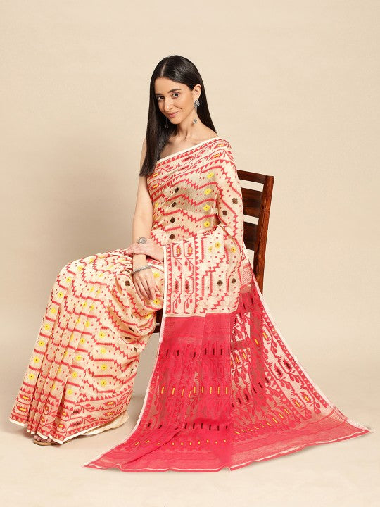 DESH BIDESH Woven Design Pure Cotton Jamdani Saree