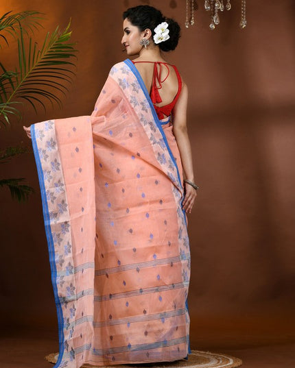 Exquisite Peach & Blue Pure Handloom Cotton Tant Saree with Woven Leaf Design