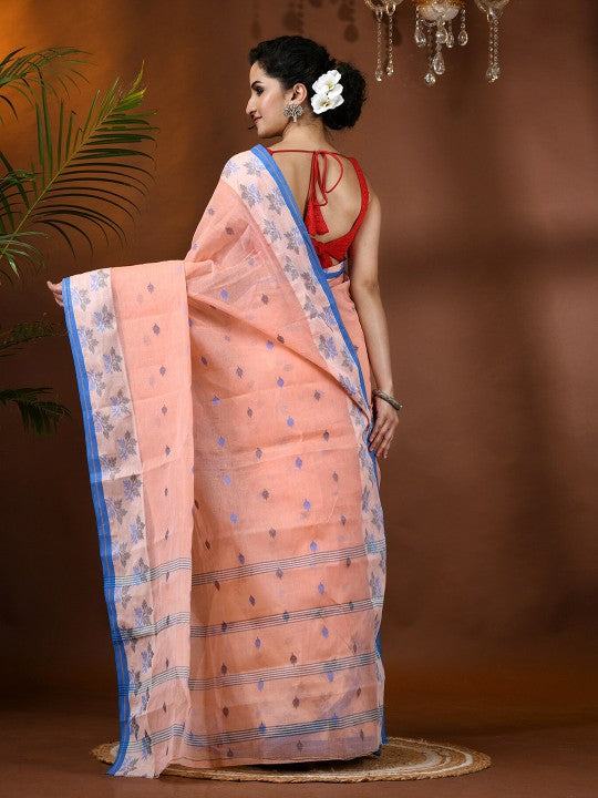 Exquisite Peach & Blue Pure Handloom Cotton Tant Saree with Woven Leaf Design