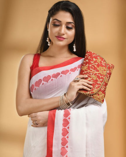 DESH BIDESH Cotton Woven Heart Design Taant Saree