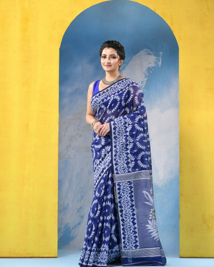 DESH BIDESH Blue & White Woven Design Zari Jamdani Saree with Border