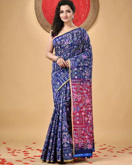 DESH BIDESH Women's Blue & Pink Ethnic Motifs Printed Zari Saree with Blouse Piece