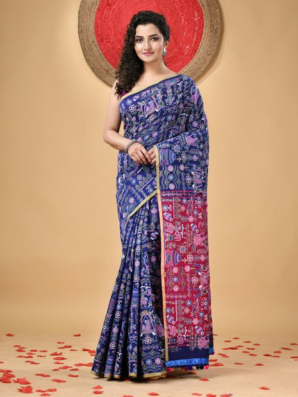 DESH BIDESH Women's Blue & Pink Ethnic Motifs Printed Zari Saree with Blouse Piece