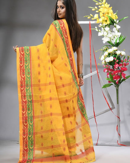 DESH BIDESH Yellow & Green Woven Design Zari Pure Cotton Saree