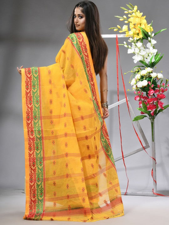 DESH BIDESH Yellow & Green Woven Design Zari Pure Cotton Saree