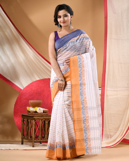 Women Tant cotton saree for woman party, wear sarees cotton georgette handloom wedding new chiffon collection sarees for women latest, Chitralekha design (Blue Orange)