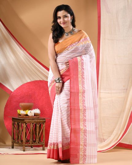 Women Tant cotton saree for woman party, wear sarees cotton georgette handloom wedding new chiffon collection sarees for women latest, Chitralekha design (Red Orange)