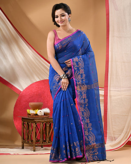 Women cotton silk tant handloom saree mysore party, wear sarees latest, design wedding, banarasi design georgette saree soft silk cotton MidNight Zari sarees for women (Blue)