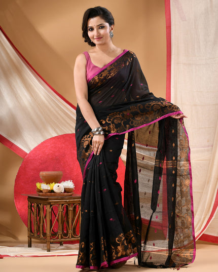 Women cotton silk tant handloom saree mysore party, wear sarees latest, design wedding, banarasi design georgette saree soft silk cotton MidNight Zari sarees for women (Black)
