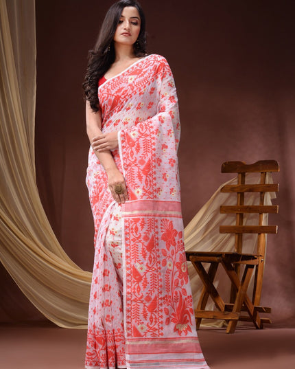 DESH BIDESH Women's Elegant Floral Woven Pure Cotton Jamdani Saree