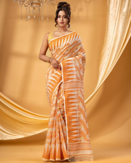 Exquisite Orange White Woven Pure Cotton Jamdani Saree Ethnic Indian Wear