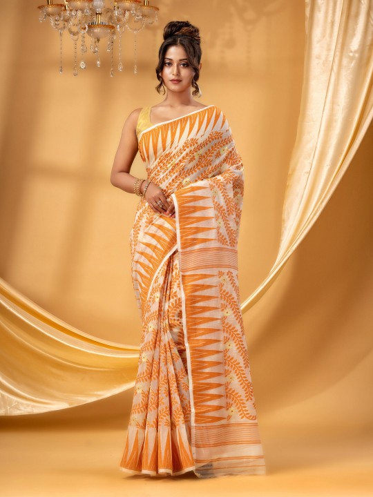 Exquisite Orange White Woven Pure Cotton Jamdani Saree Ethnic Indian Wear