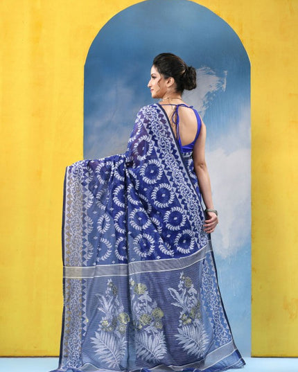 DESH BIDESH Blue & White Woven Design Zari Jamdani Saree with Border