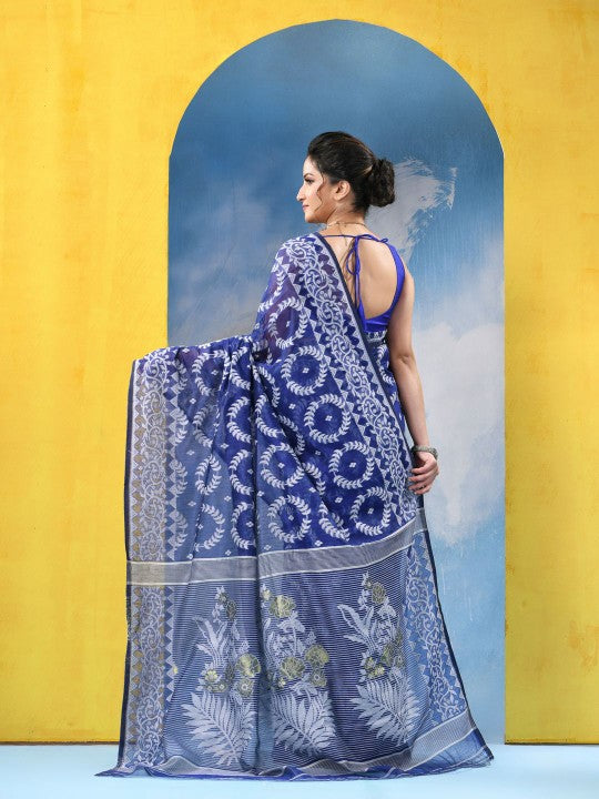 DESH BIDESH Blue & White Woven Design Zari Jamdani Saree with Border