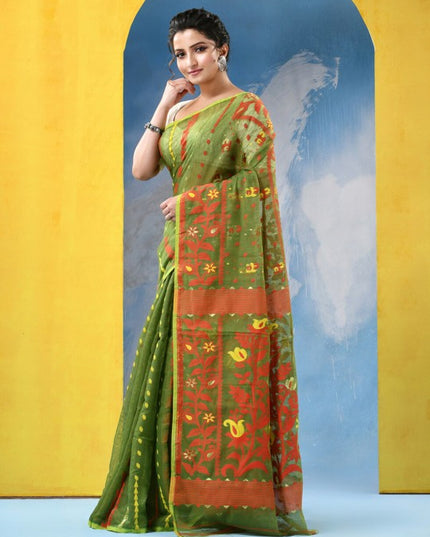 DESH BIDESH Traditional Woven Green Jamdani Saree with Orange Floral Border
