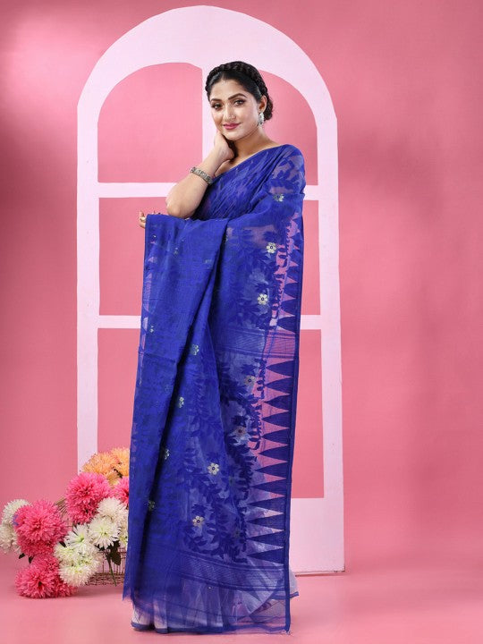 DESH BIDESH Floral Woven Design Pure Cotton Half And Half Jamdani Saree