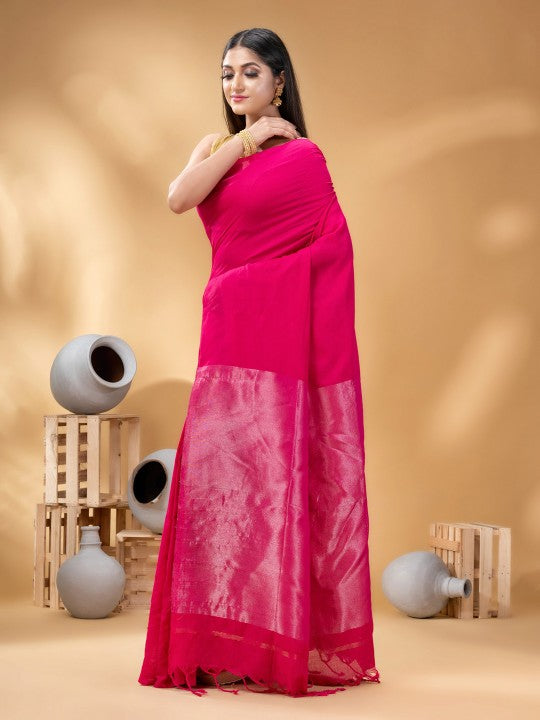 DESH BIDESH Pink Zari Pure Cotton Taant Saree for Women