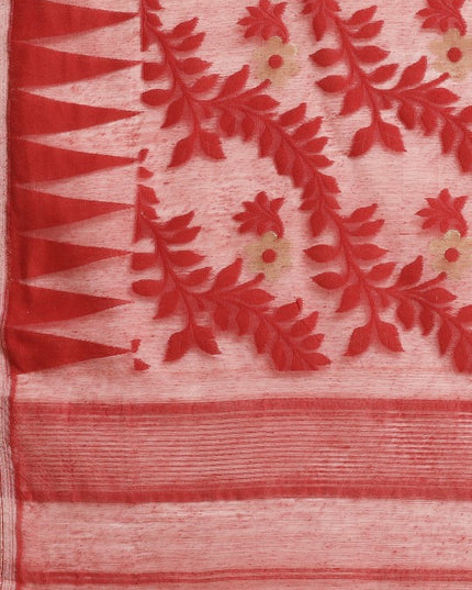 DESH BIDESH White & Red Floral Pure Cotton Jamdani Saree