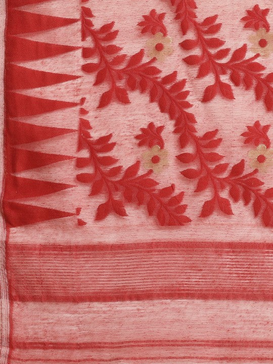 DESH BIDESH White & Red Floral Pure Cotton Jamdani Saree