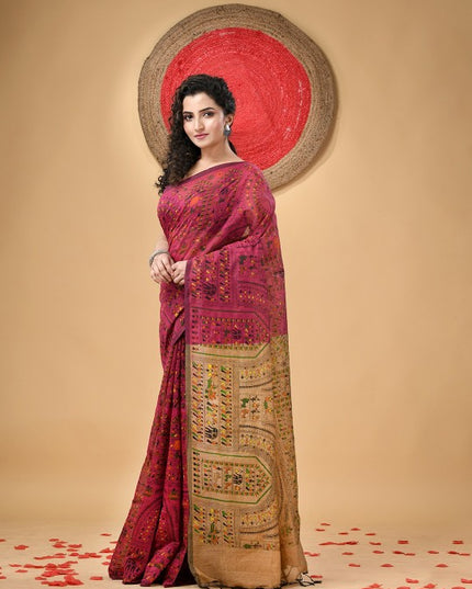 DESH BIDESH Traditional Warli Block Print Saree with Tassels and Blouse Piece