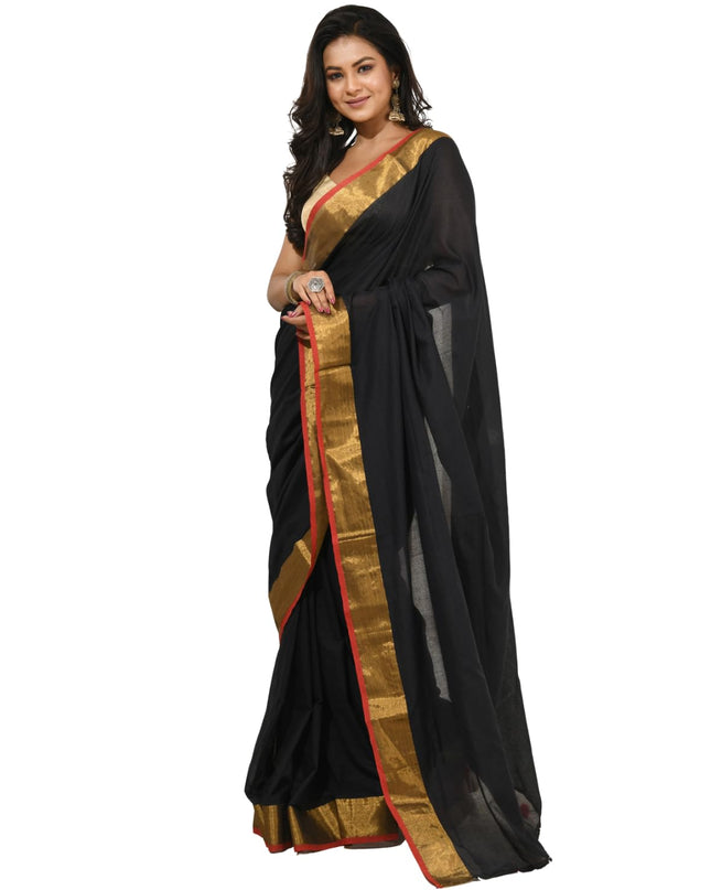 dB DESH BIDESH Women`s Soft Cotton Linen Silk Saree Pure Handloom Mul Cotton Saree For Women Black Affair Latest, Design Gold Zari Border Sarees With Blouse Piece