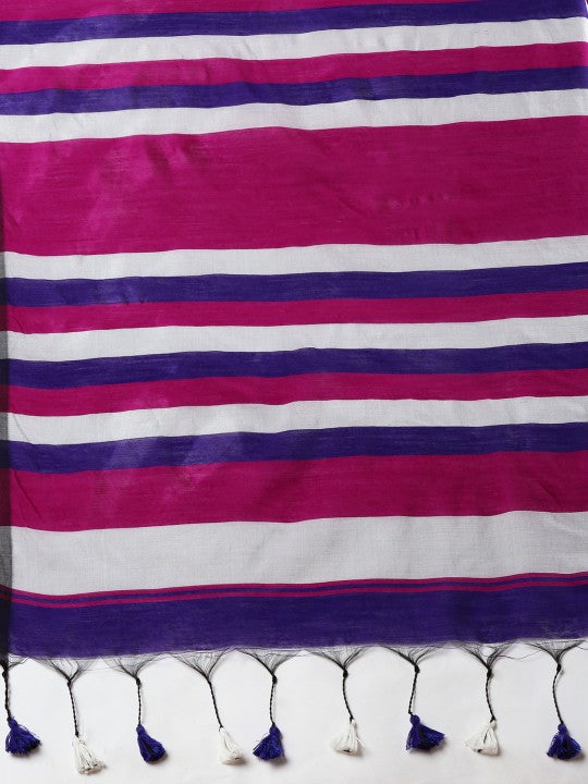 DESH BIDESH Pink & Silver Striped Ghicha Cotton Silk Saree with Unstitched Blouse