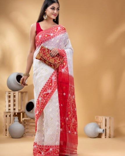 DESH BIDESH White Red Pure Cotton Jamdani Saree, Ethnic Motifs, Zari Woven