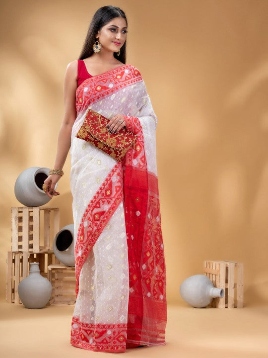 DESH BIDESH White Red Pure Cotton Jamdani Saree, Ethnic Motifs, Zari Woven