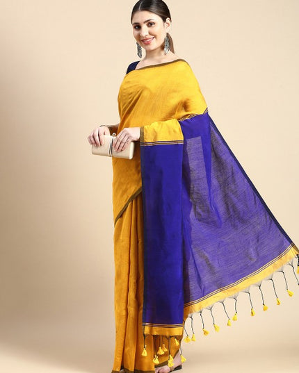 DESH BIDESH Ghicha Cotton Colourblocked Saree: Elegant Mustard & Blue Blend