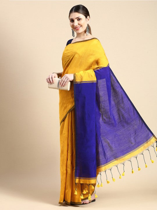 DESH BIDESH Ghicha Cotton Colourblocked Saree: Elegant Mustard & Blue Blend